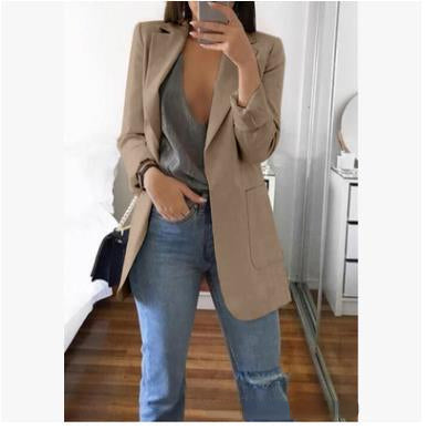 Women's Notched Lapel Longline Blazer in a Cotton Blend - Khaki