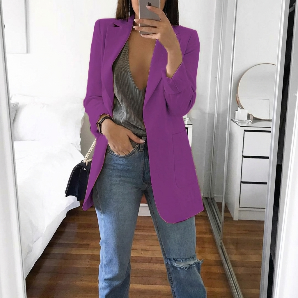 Women's Notched Lapel Longline Blazer in a Cotton Blend - Purple