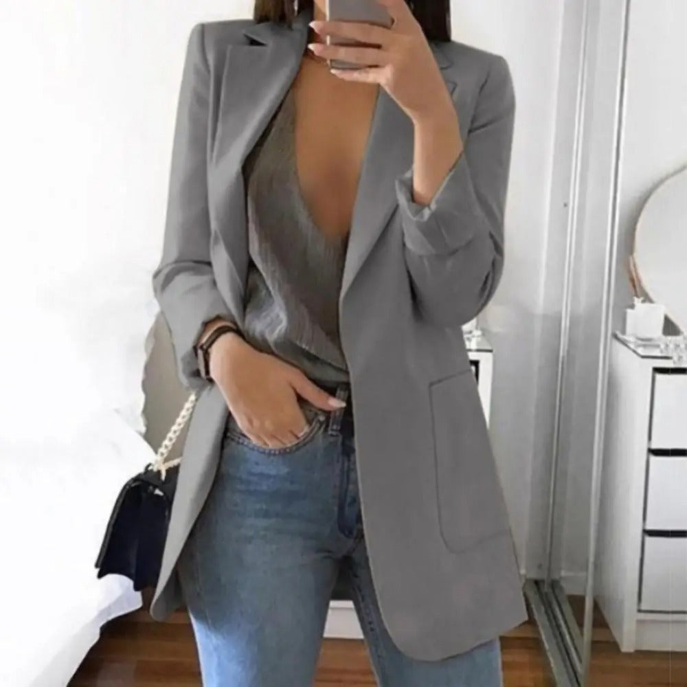 Women's Notched Lapel Longline Blazer in a Cotton Blend - Grey