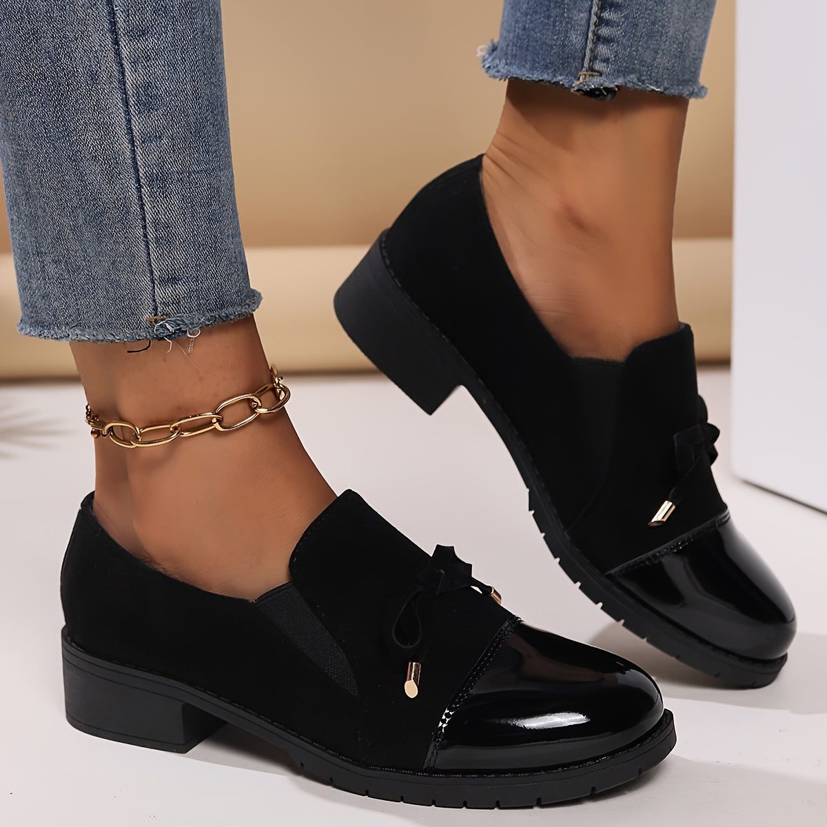 Women's Two-Texture Bow Loafers on a Chunky Sole