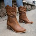 Women's Gathered Suede Calf-Length Boots with Wide Heel - Camel