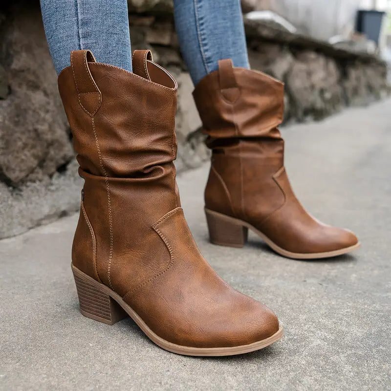 Women's Gathered Suede Calf-Length Boots with Wide Heel - Camel