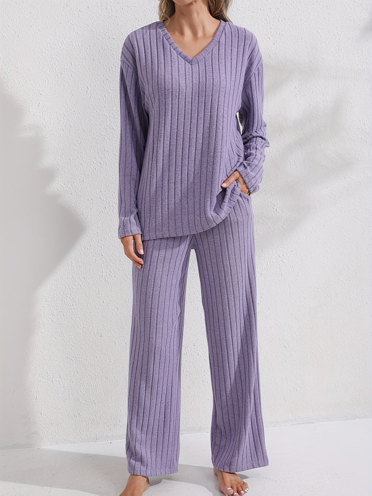 Women's Soft Rib Knit V-Neck Lounge Set