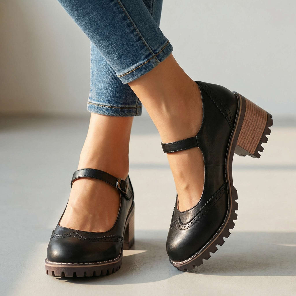 Women's Retro T-Strap Court Heels with Cushioned Insole - Black