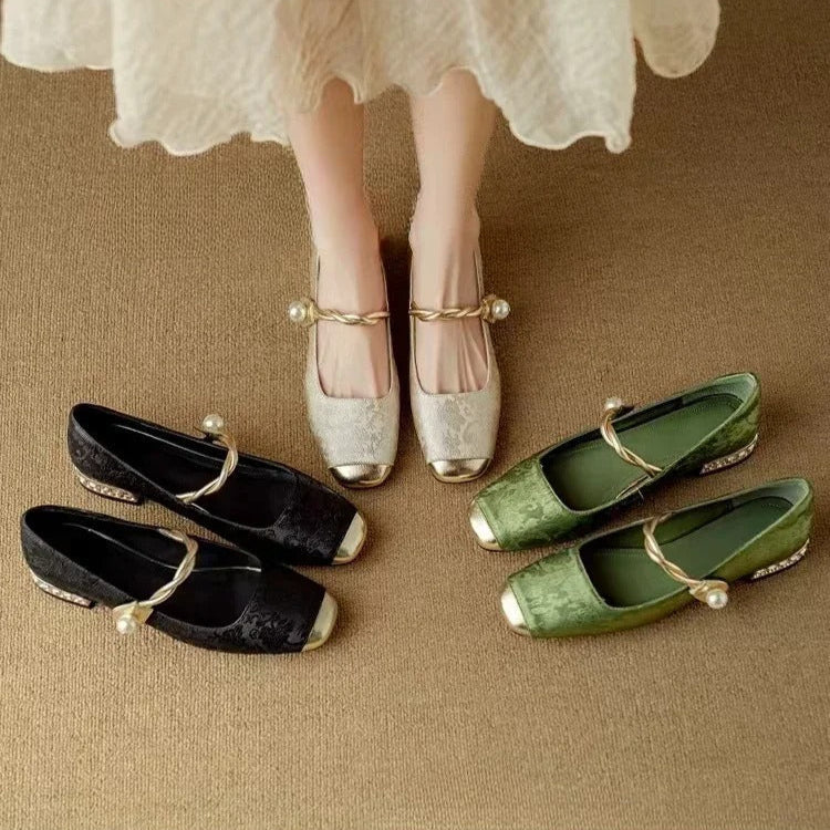 Women's Pearl Braided Strap Vintage Block Heel Shoes