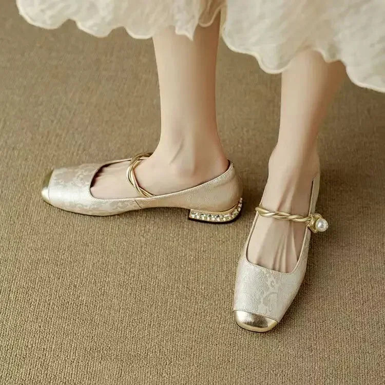 Women's Pearl Braided Strap Vintage Block Heel Shoes