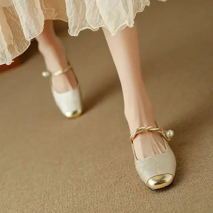 Women's Pearl Braided Strap Vintage Block Heel Shoes