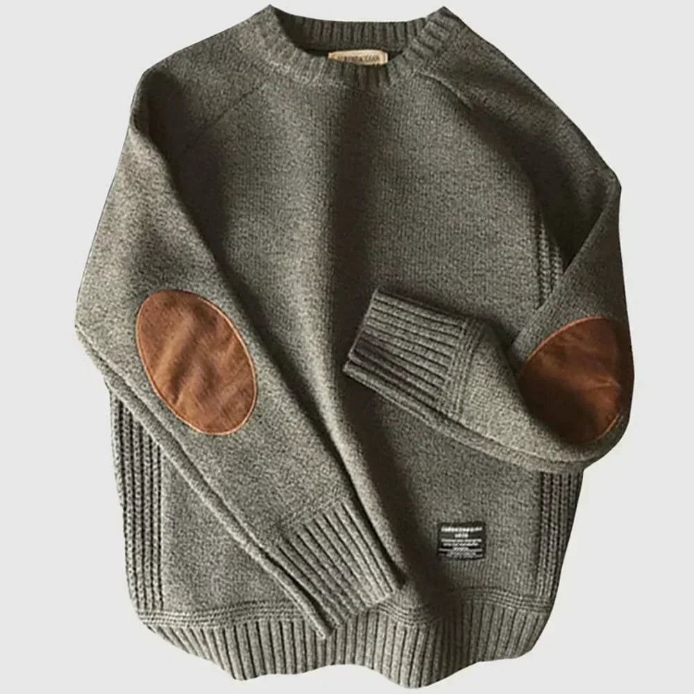 Men's Warm Crew Neck Jumper with Elbow Patches Knit