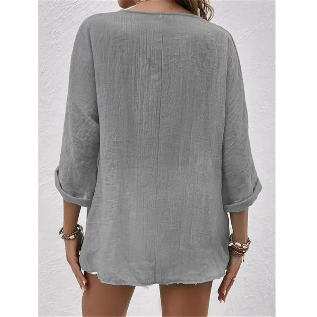 Women's Relaxed Button-Front Blouse – V-Neck Three-Quarter Sleeve