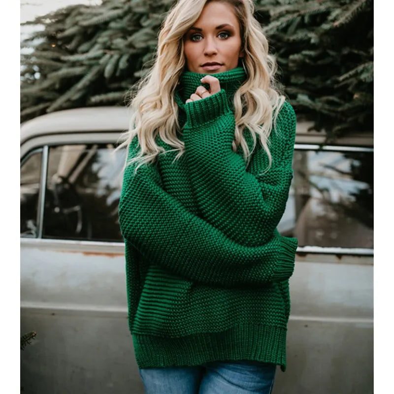Women's Thick Knit Oversized Roll Neck Pullover - Green