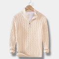 Men's Cable-Knit Jumper with Zip Stand Neck - Beige