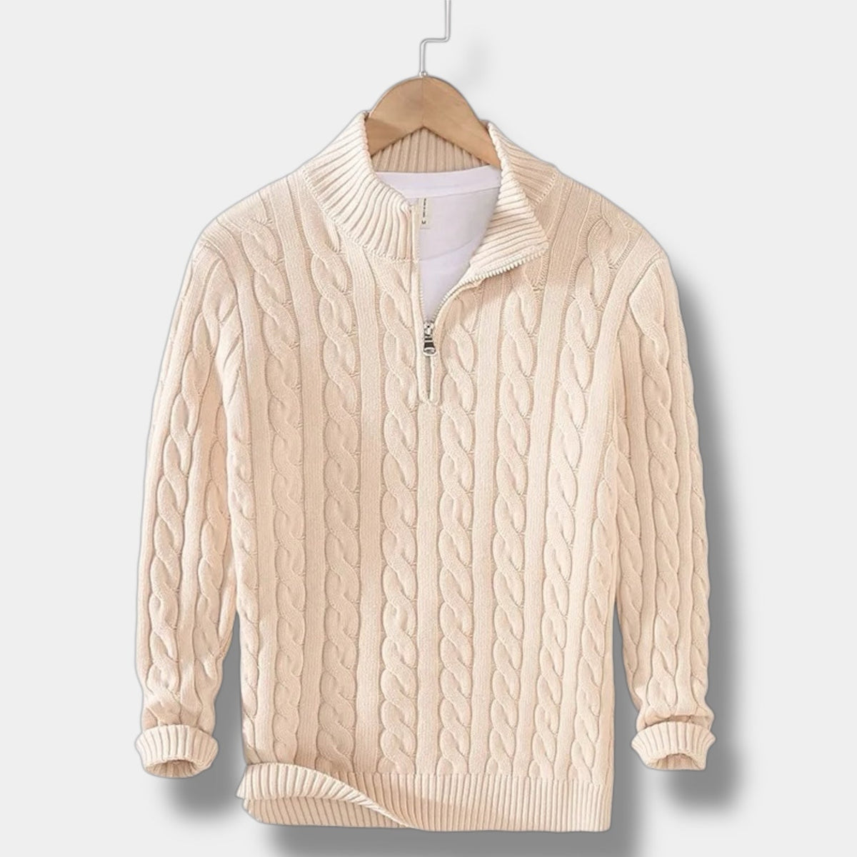 Men's Cable-Knit Jumper with Zip Stand Neck - Beige