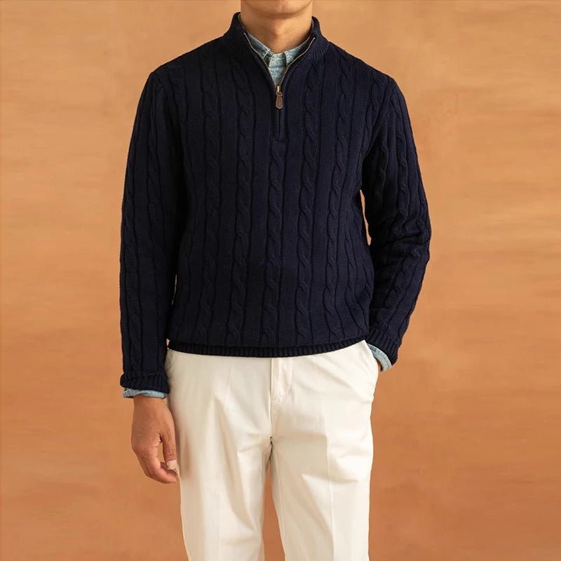 Men's Cable-Knit Jumper with Zip Stand Neck