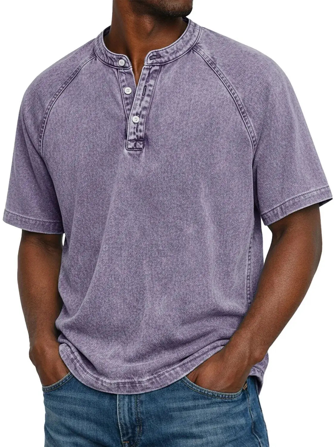 Men's Washed Cotton-Look Henley Tee with Raglan Shoulders - Purple