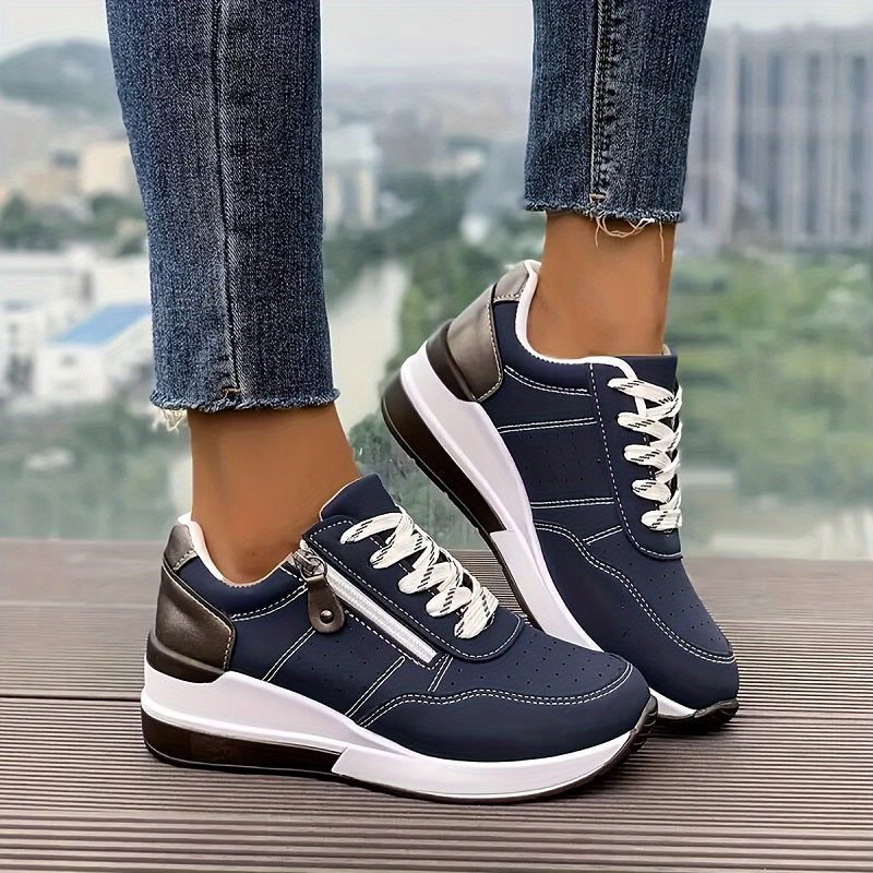 Women's Sporty Rounded-Toe Platform Trainers - Blue