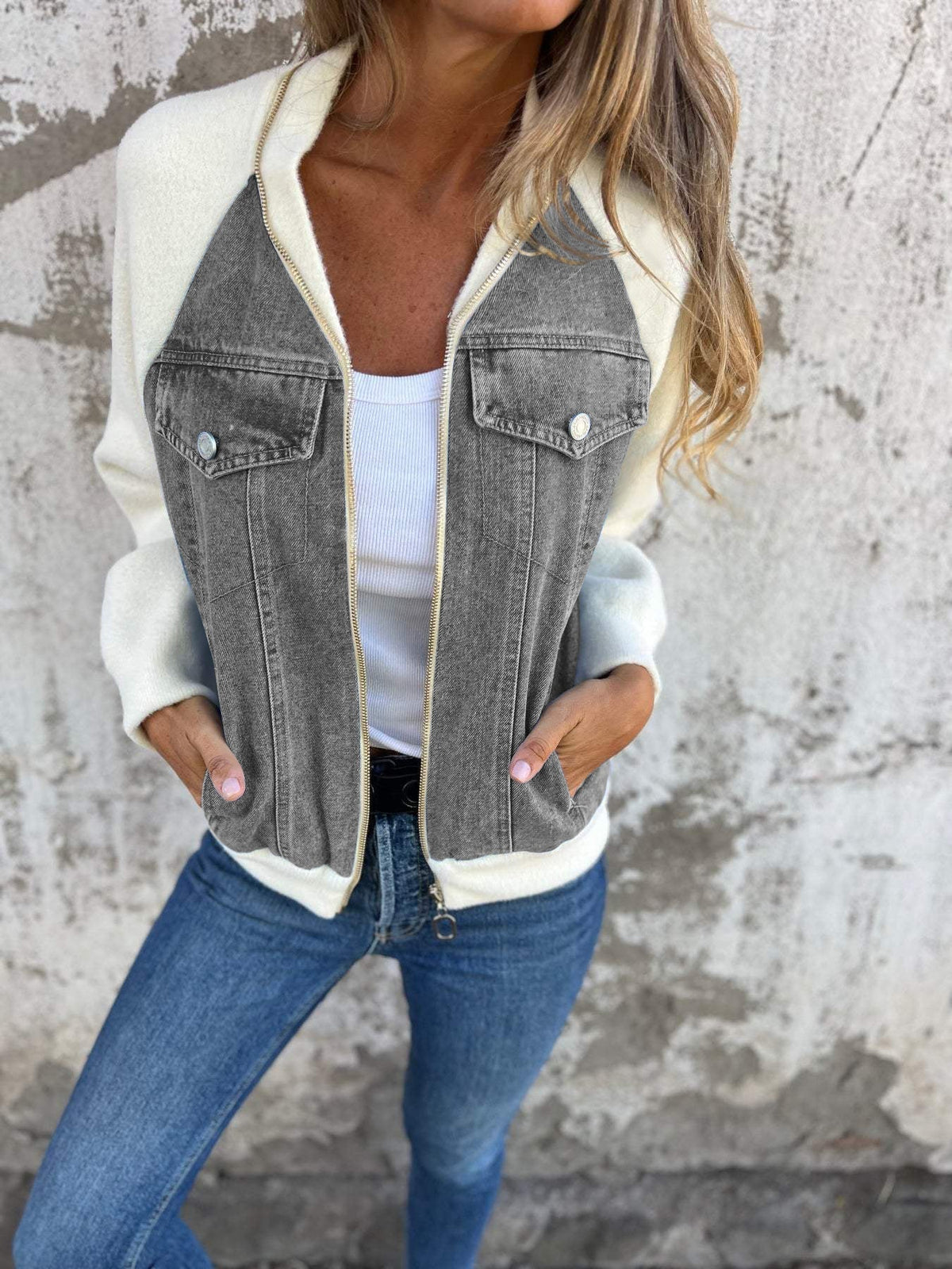 Women's Mixed-Fabric Denim Panel Jacket With Contrast Sleeves - Grey