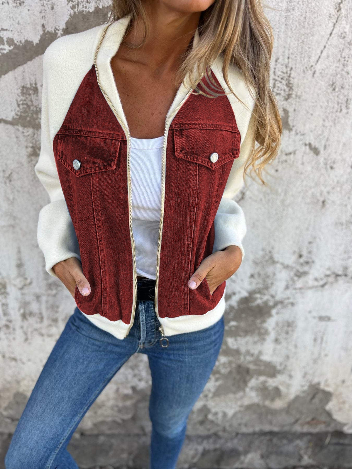 Women's Mixed-Fabric Denim Panel Jacket With Contrast Sleeves - Wine Red