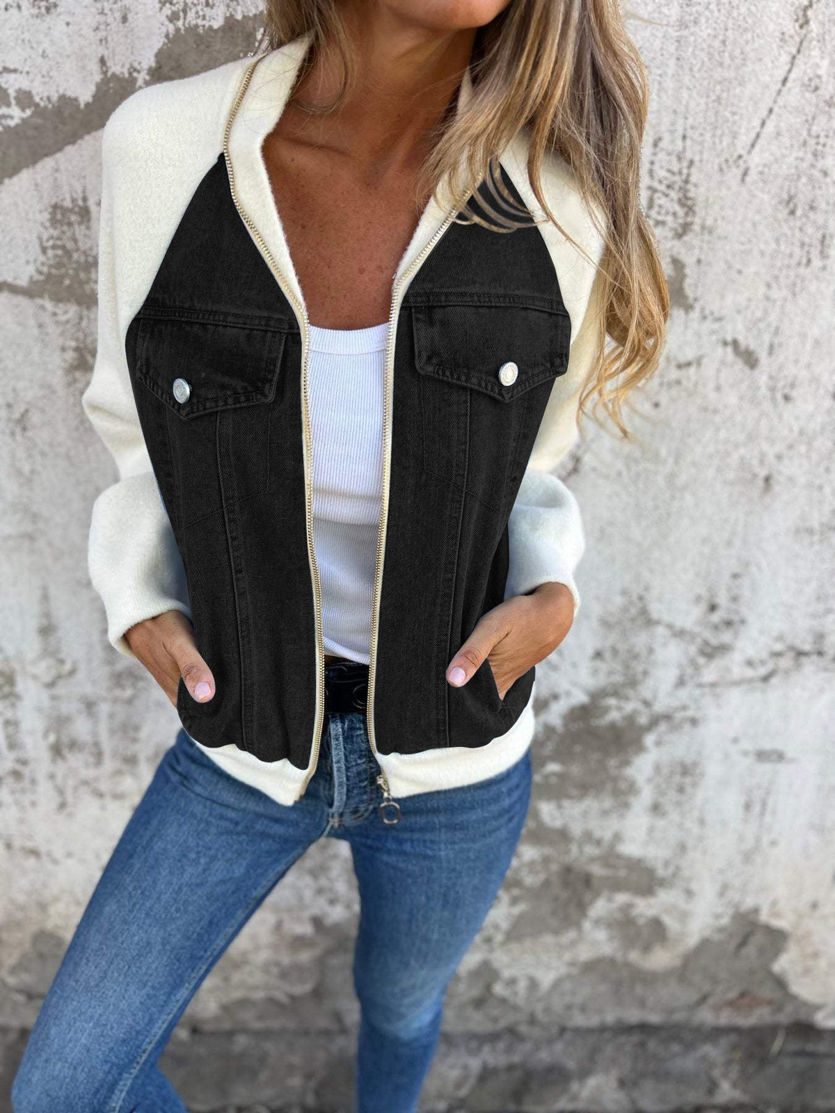 Women's Mixed-Fabric Denim Panel Jacket With Contrast Sleeves - Black