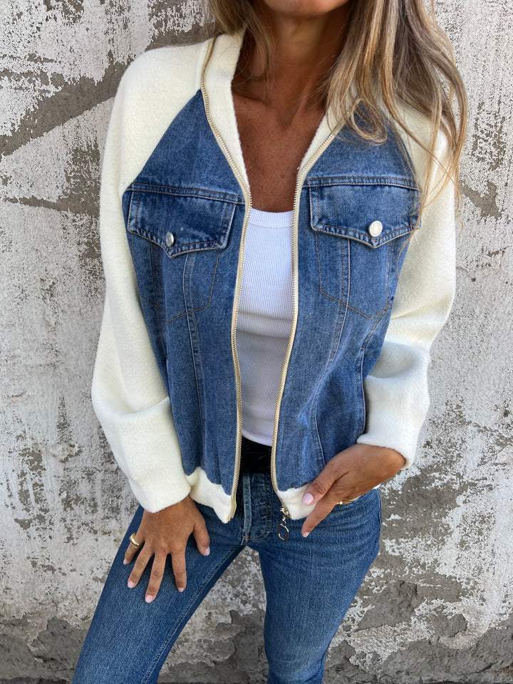 Women's Mixed-Fabric Denim Panel Jacket With Contrast Sleeves - Blue