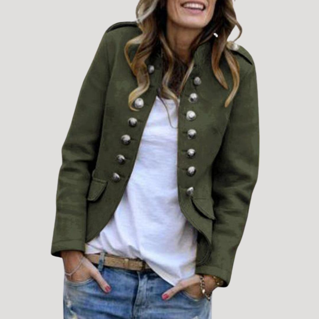 Women's Epaulette Military Style Short Jacket With Stand Collar - Olive Green