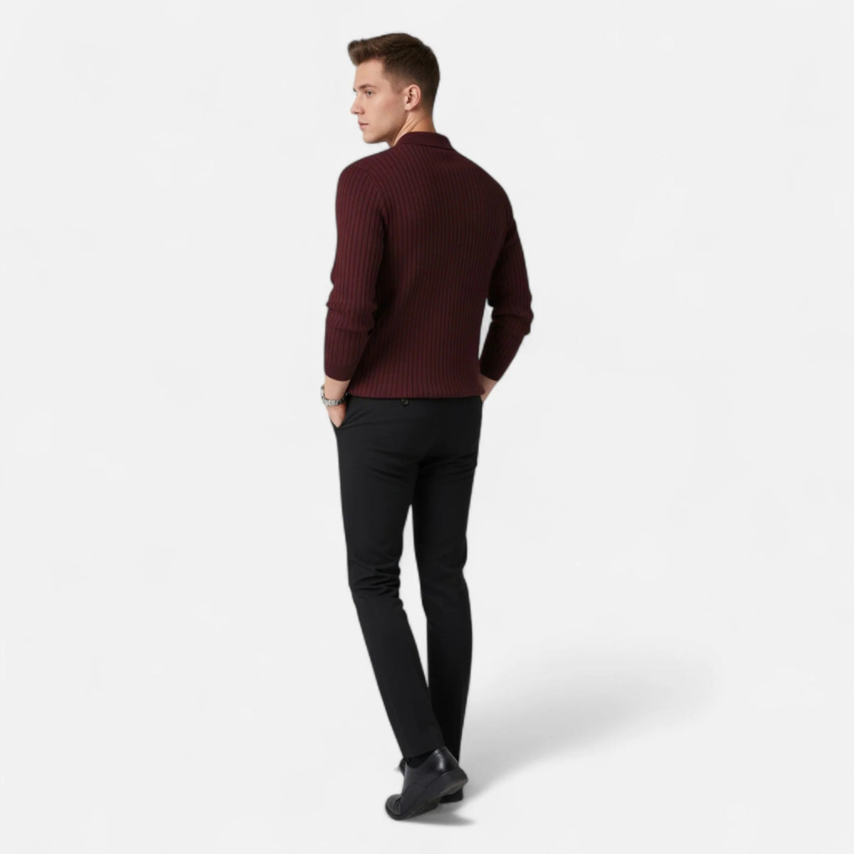 Men's Ribbed Long Sleeve Polo Shirt Refined Collared Top