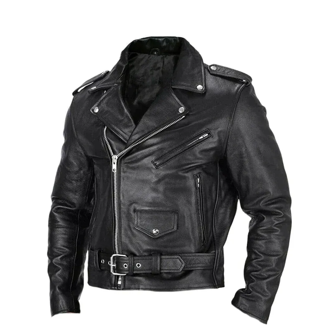 Men's Epaulette Leather Motorcycle Jacket - Black