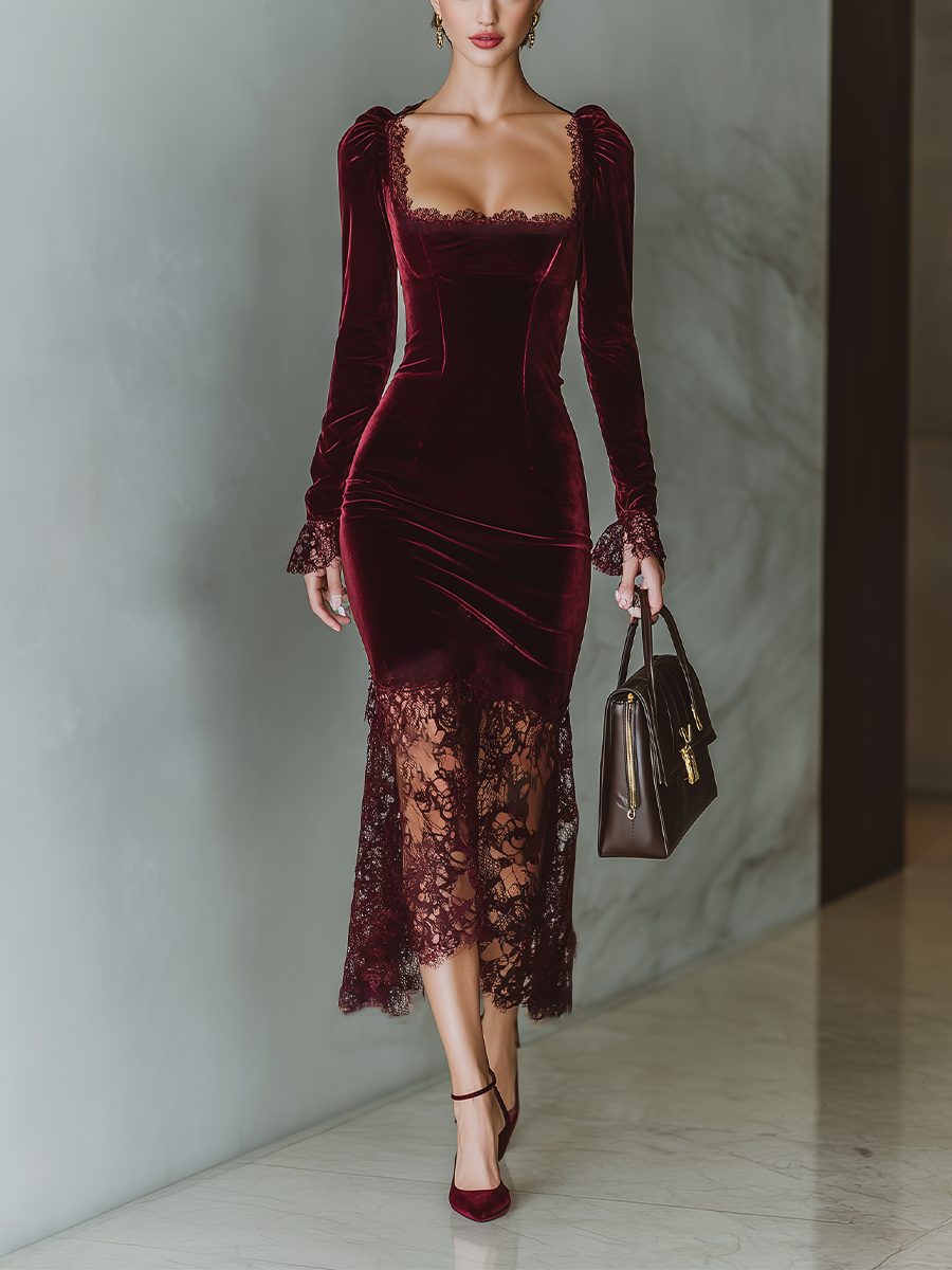 Women's Fitted Velvet Evening Dress with Lace Neckline - Burgundy