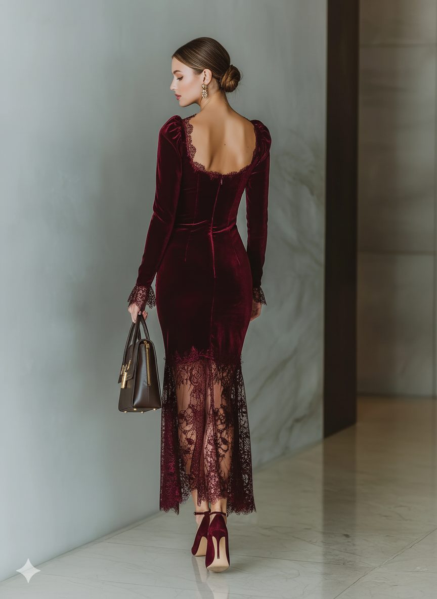 Women's Fitted Velvet Evening Dress with Lace Neckline