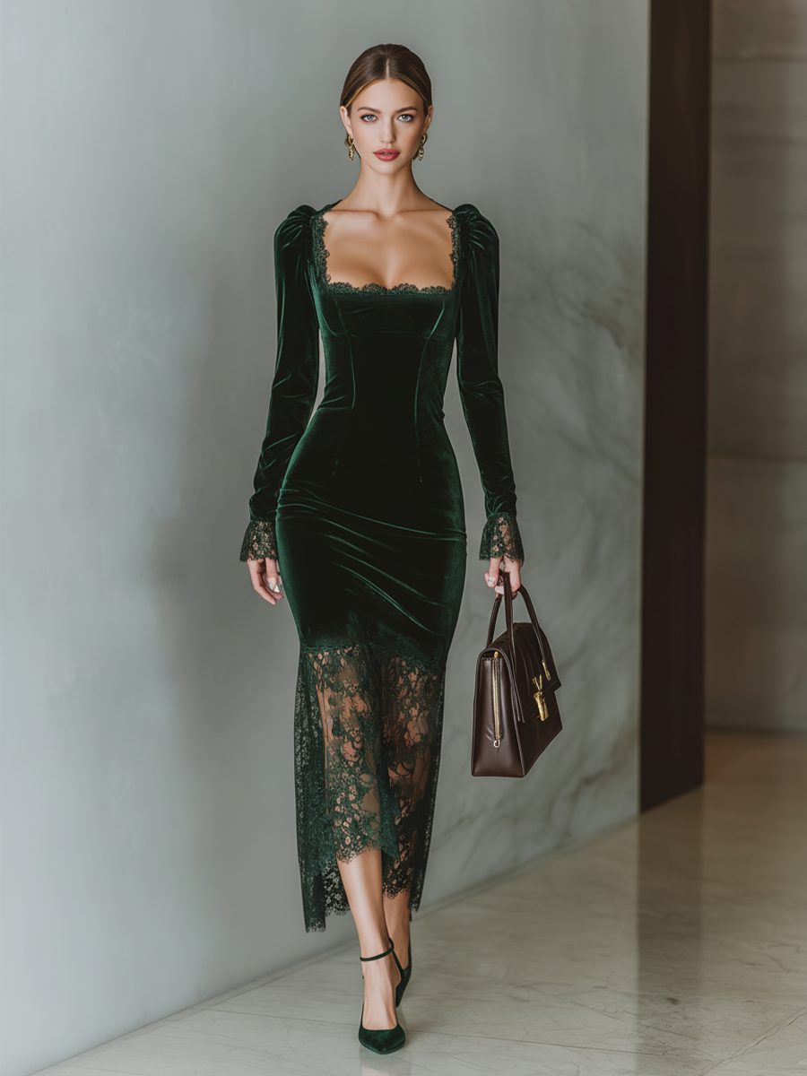 Women's Fitted Velvet Evening Dress with Lace Neckline - Dark Green