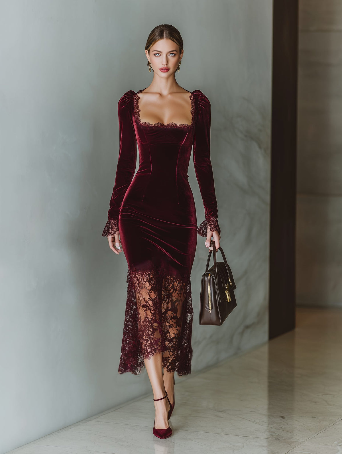Women's Fitted Velvet Evening Dress with Lace Neckline