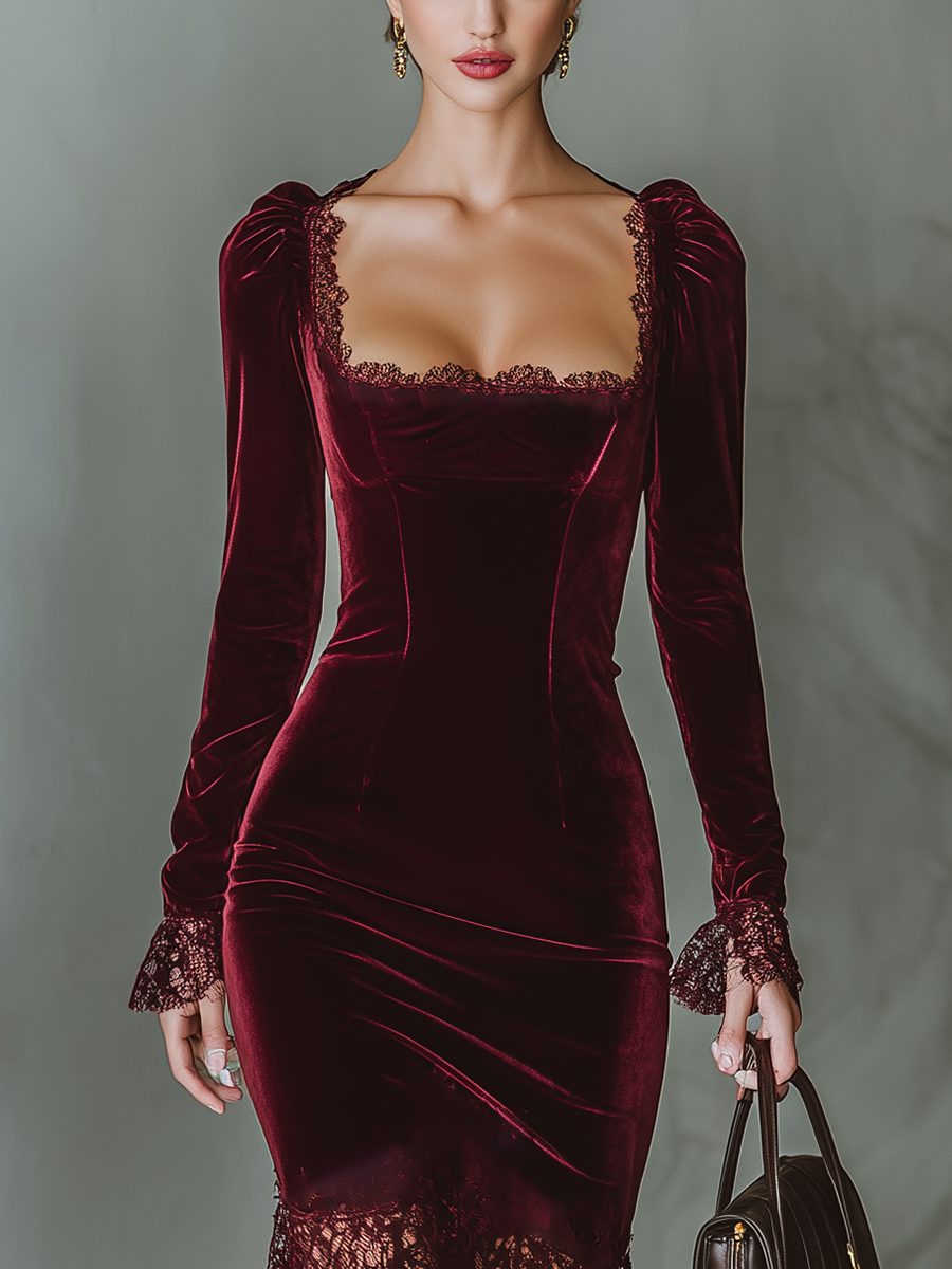 Women's Fitted Velvet Evening Dress with Lace Neckline