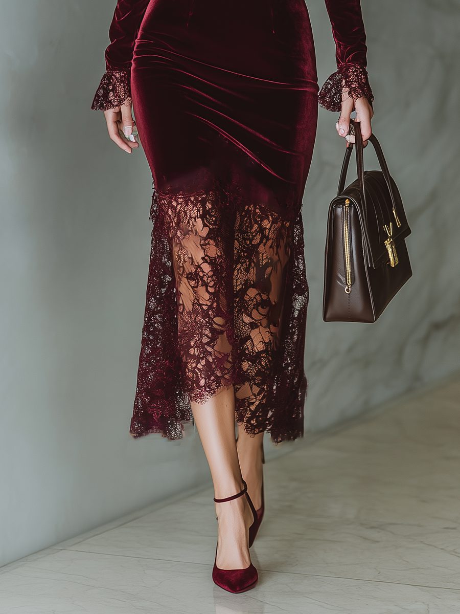 Women's Fitted Velvet Evening Dress with Lace Neckline