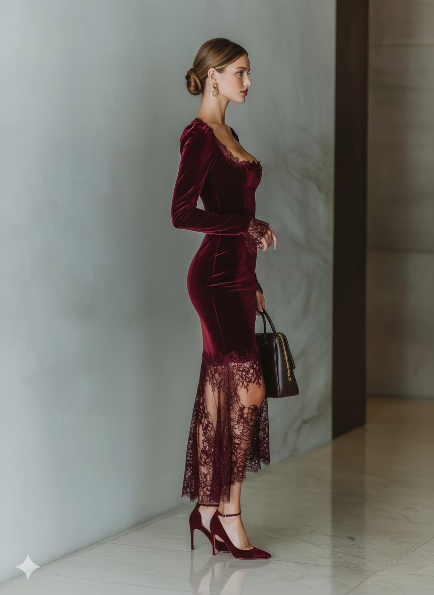 Women's Fitted Velvet Evening Dress with Lace Neckline