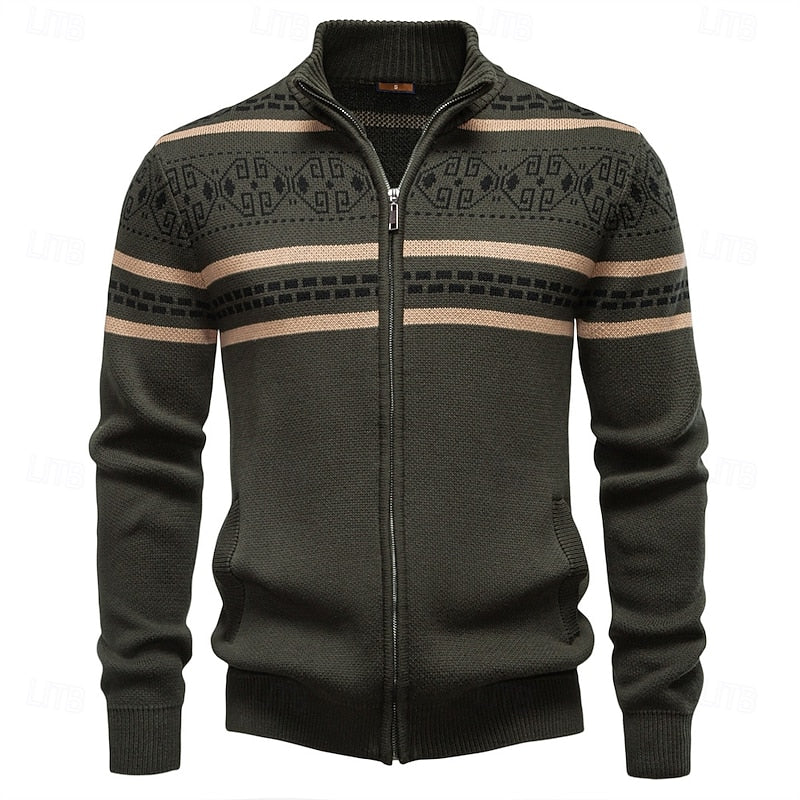 Women's Geometric Knit Christmas Cardigan with Full Zip - Military Green