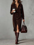 Women's Relaxed Corduroy Button-Through Dress with Slit - Dark Brown