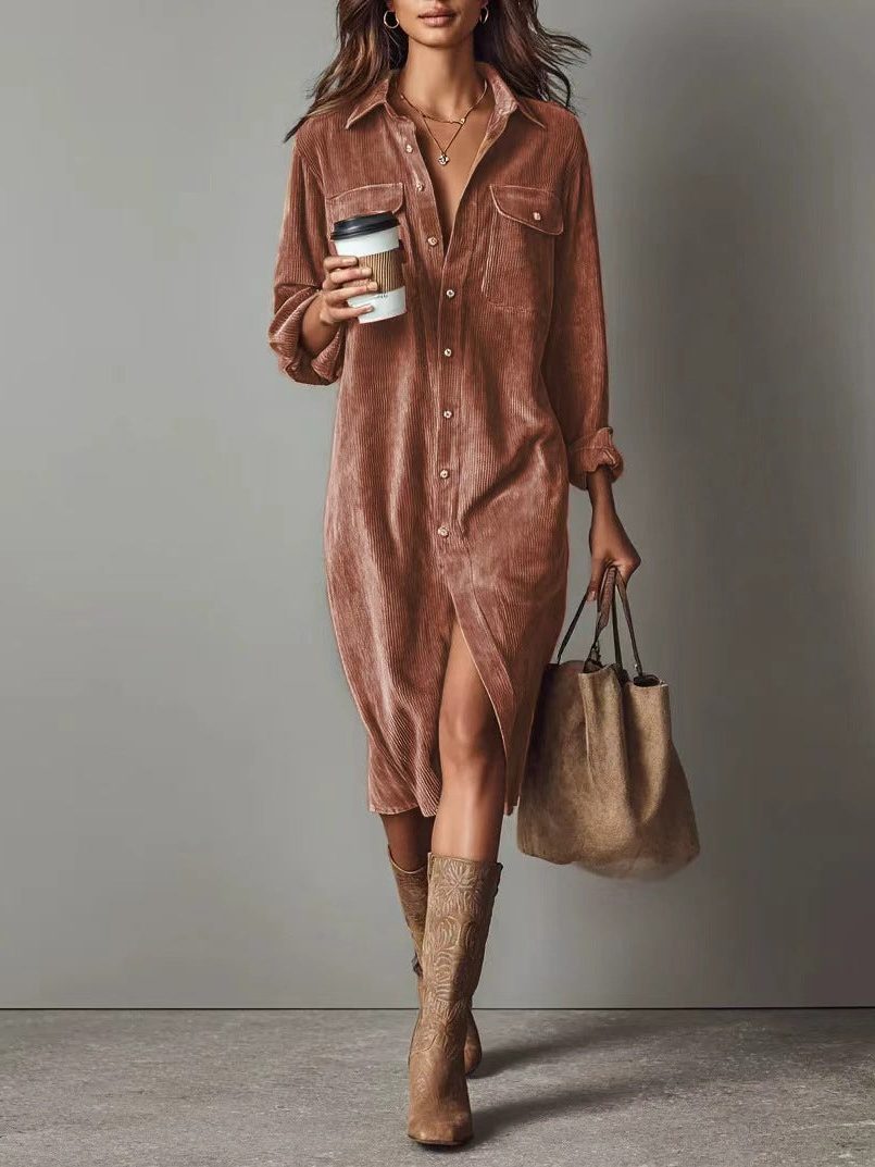 Women's Relaxed Corduroy Button-Through Dress with Slit - Reddish Brown
