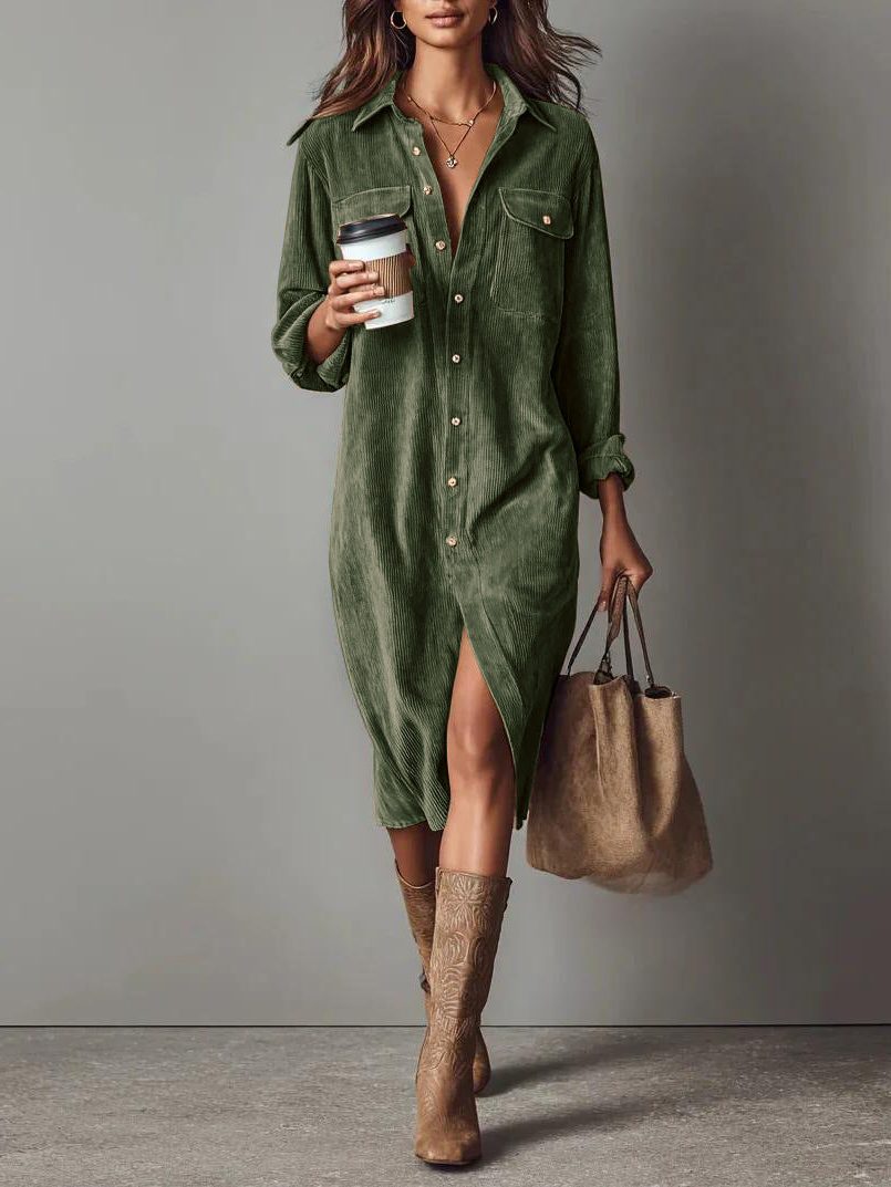 Women's Relaxed Corduroy Button-Through Dress with Slit - Green