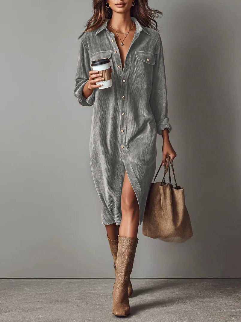 Women's Relaxed Corduroy Button-Through Dress with Slit - Light Grey