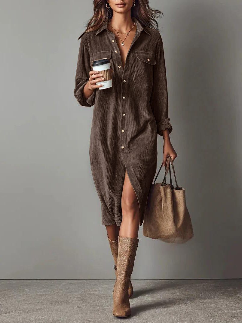 Women's Relaxed Corduroy Button-Through Dress with Slit - Coffee Brown