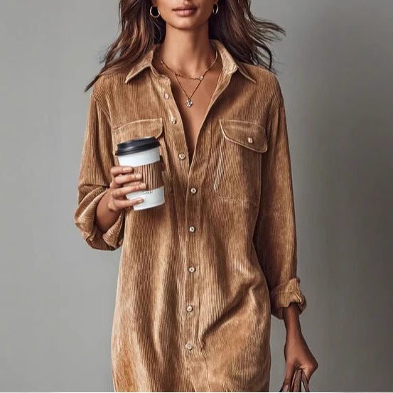 Women's Relaxed Corduroy Button-Through Dress with Slit