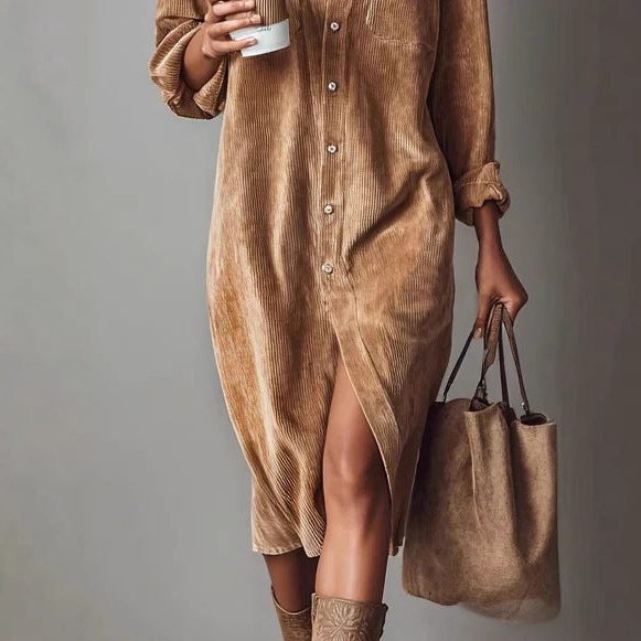 Women's Relaxed Corduroy Button-Through Dress with Slit