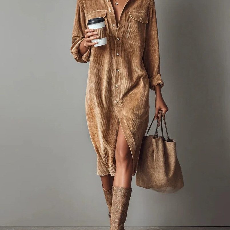 Women's Relaxed Corduroy Button-Through Dress with Slit
