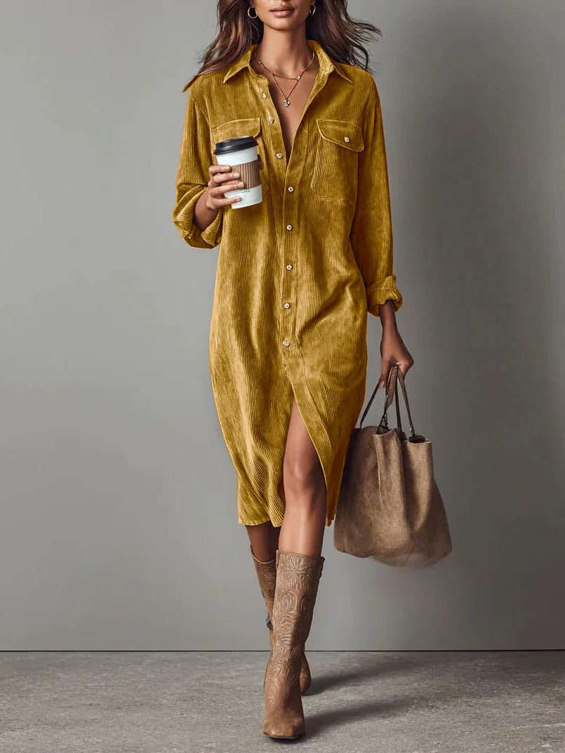 Women's Relaxed Corduroy Button-Through Dress with Slit - Orange