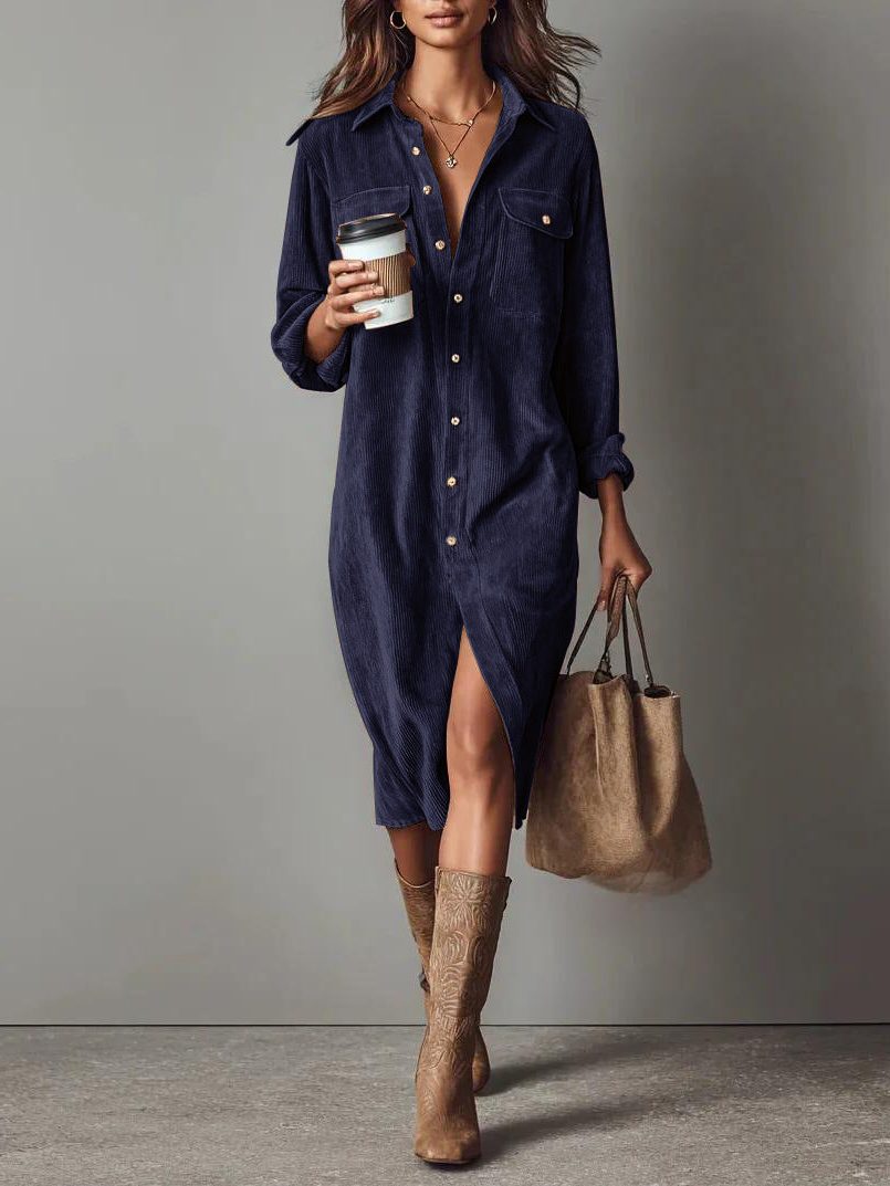 Women's Relaxed Corduroy Button-Through Dress with Slit - Navy Blue