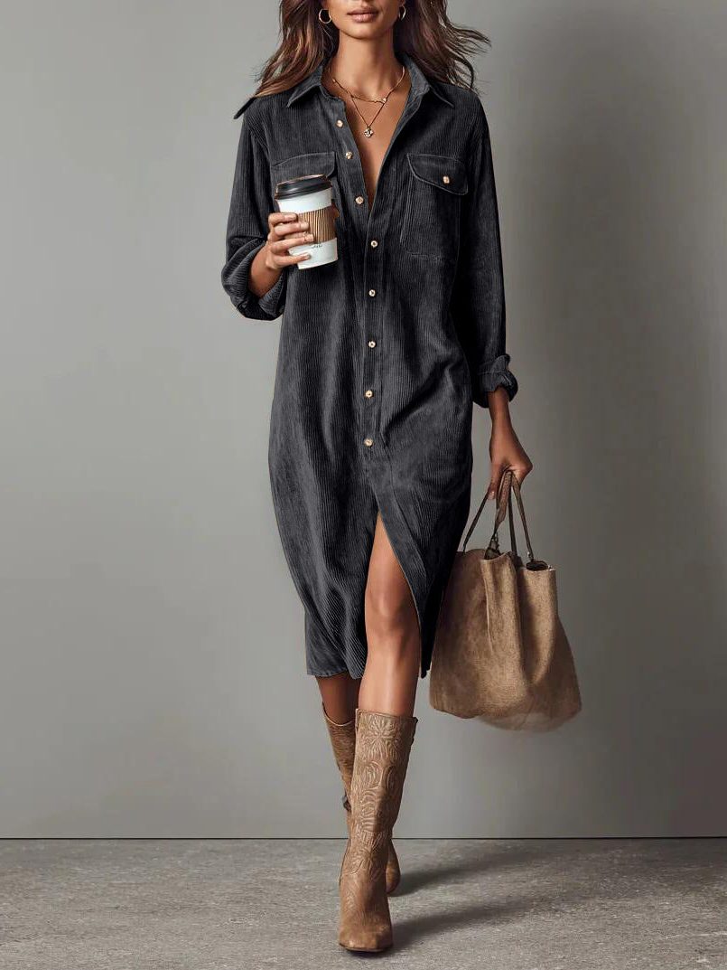 Women's Relaxed Corduroy Button-Through Dress with Slit - Dark Grey