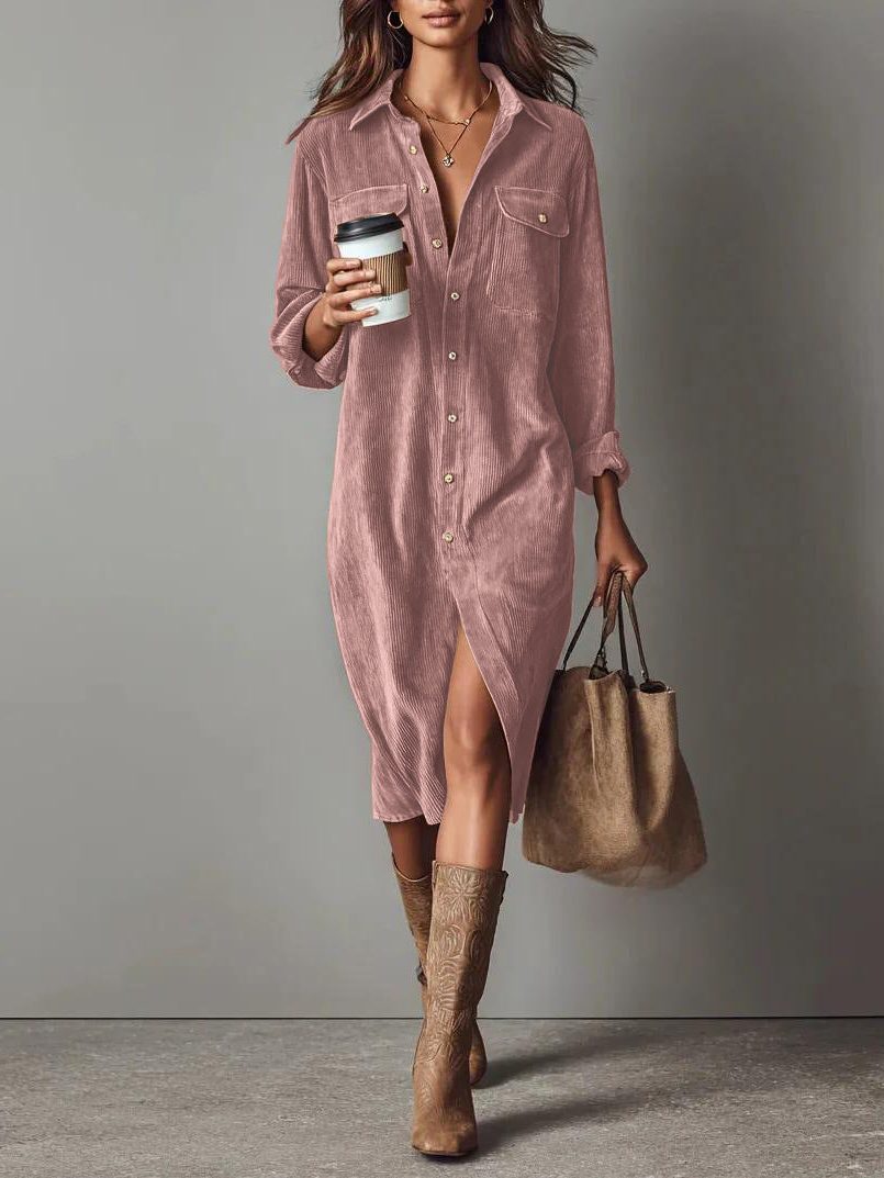 Women's Relaxed Corduroy Button-Through Dress with Slit - Rose
