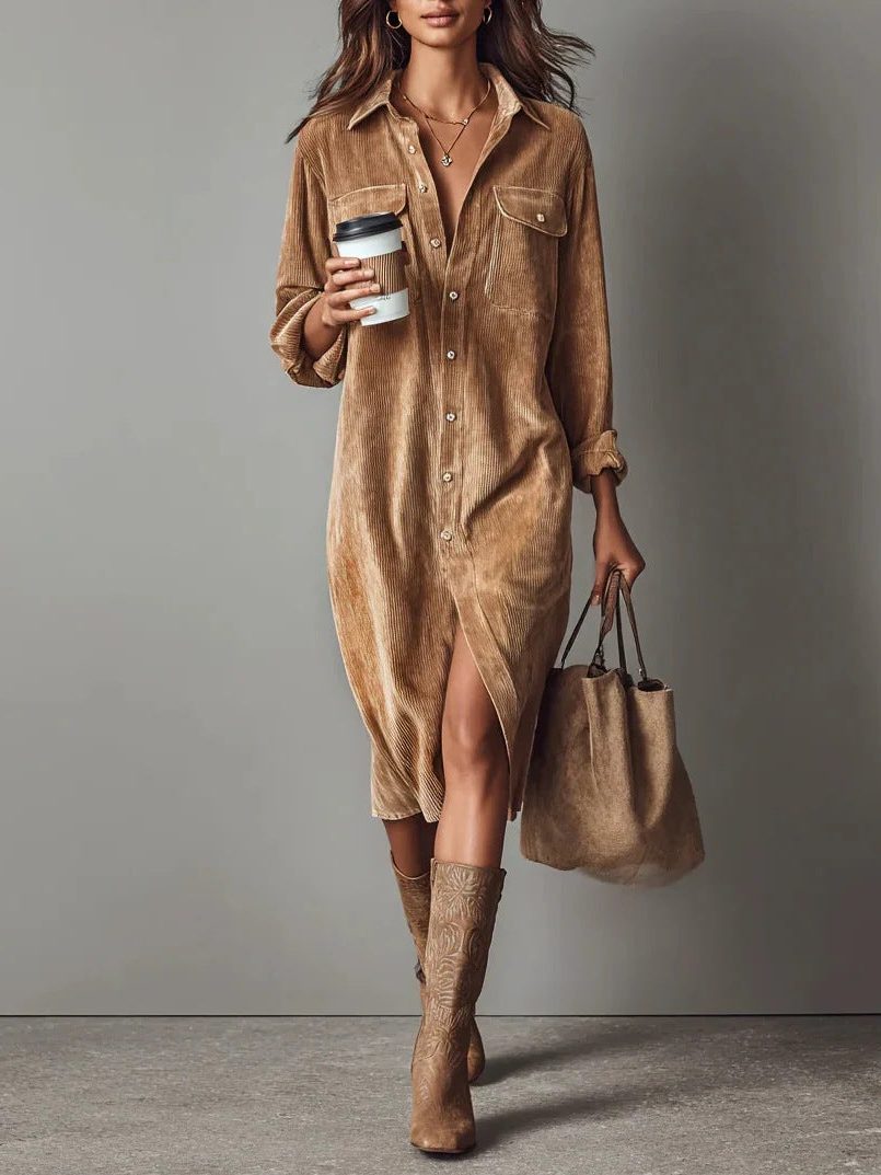 Women's Relaxed Corduroy Button-Through Dress with Slit - Brown