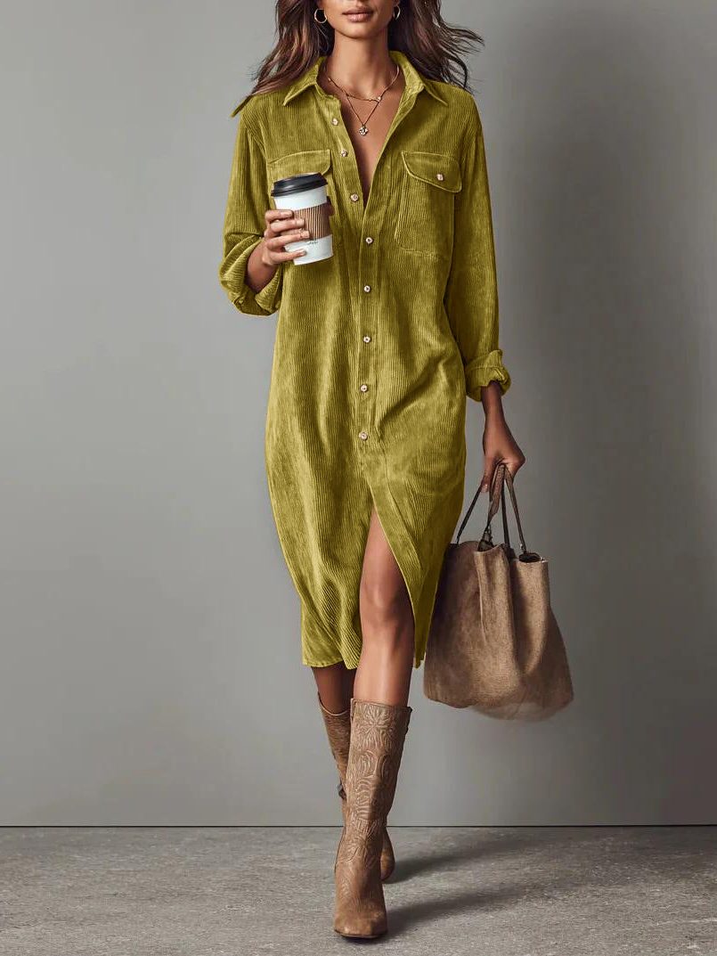 Women's Relaxed Corduroy Button-Through Dress with Slit - Yellow
