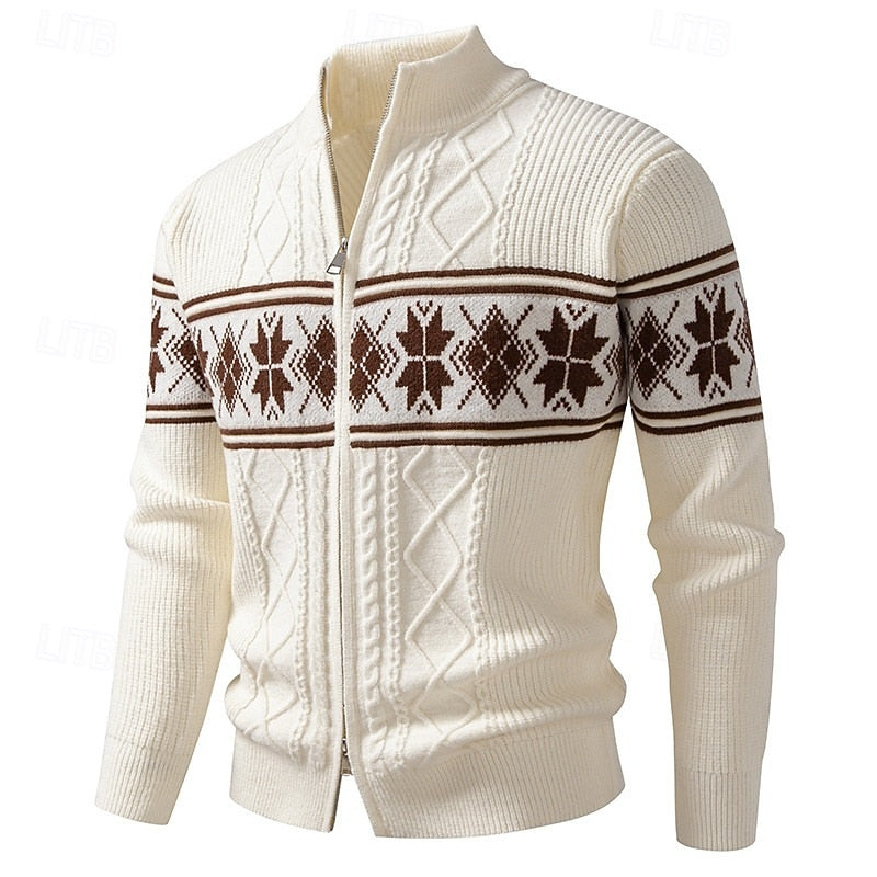 Women's Patterned Knit Zip-Through Cardigan with High Collar - White