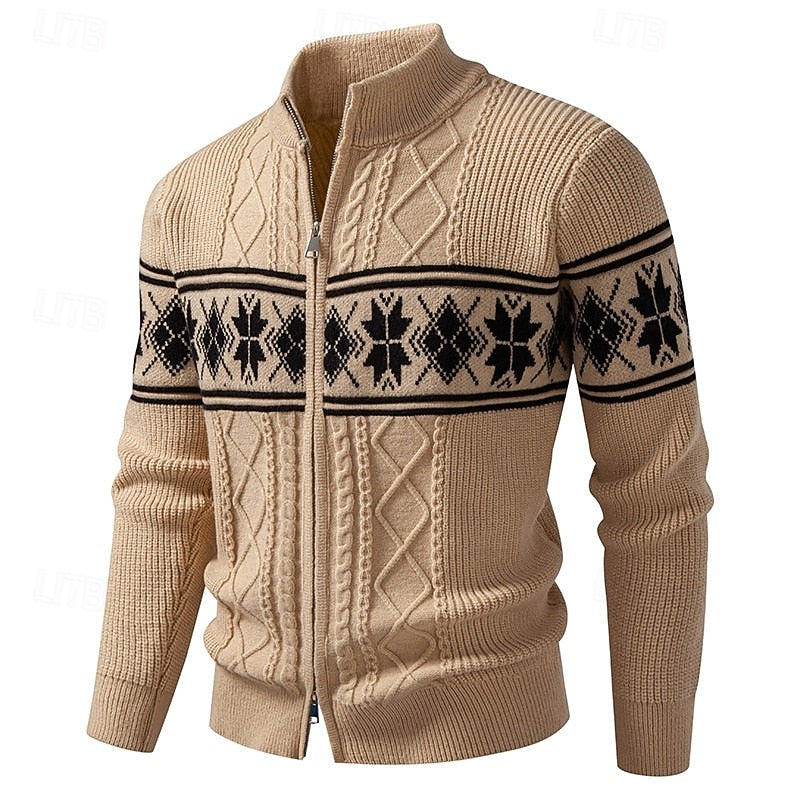 Women's Patterned Knit Zip-Through Cardigan with High Collar - Khaki